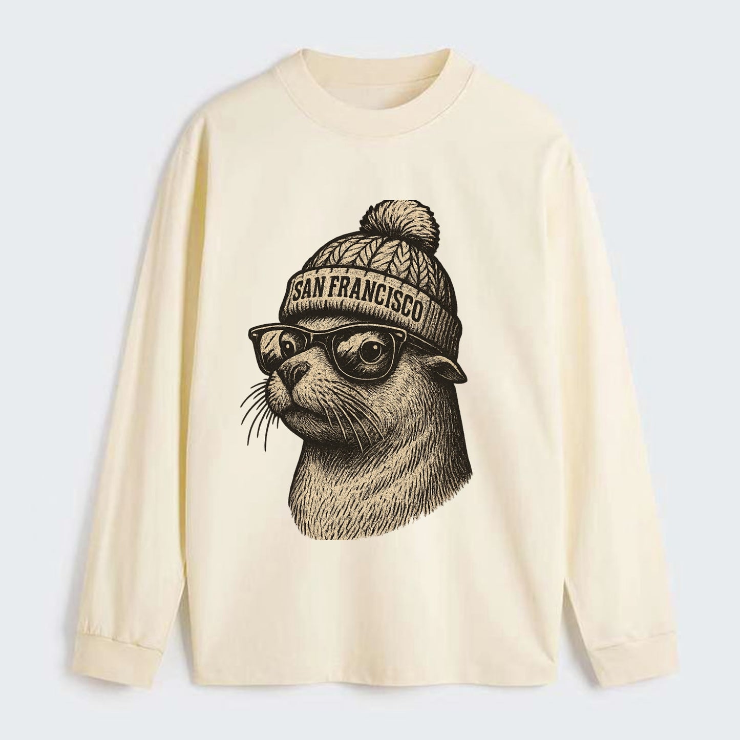 San Francisco Sea Lion wearing San Francisco beanie with pom pom and - Classic Long Sleeve Shirt - Beige