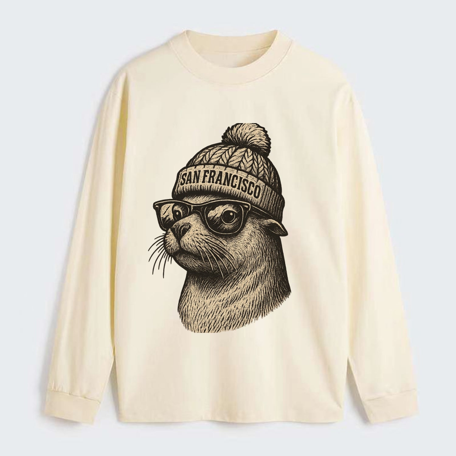 San Francisco Sea Lion wearing San Francisco beanie with pom pom and - Classic Long Sleeve Shirt - Beige