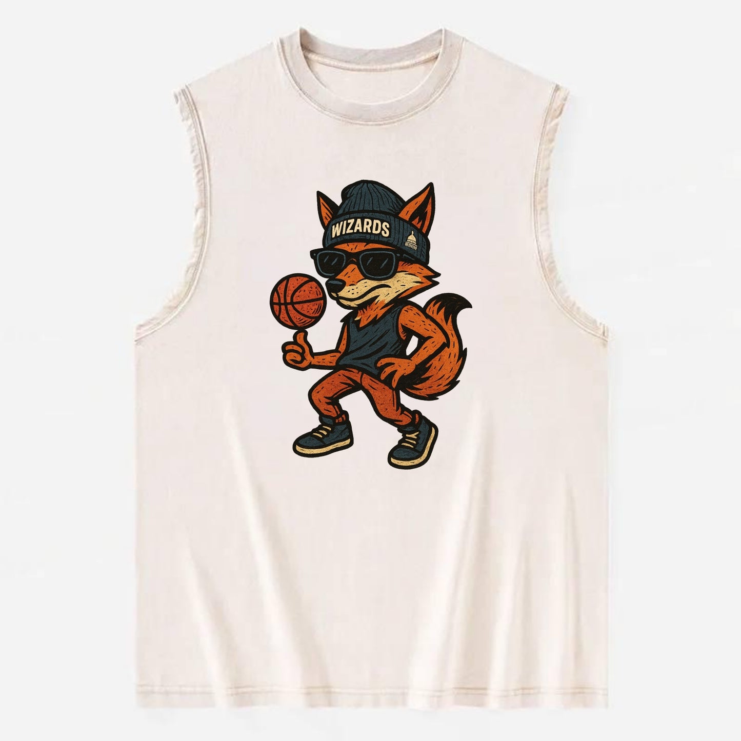 Washington Fox wearing Wizards beanie with capitol patch and wayfarer - Vintage Washed Tank - Beige
