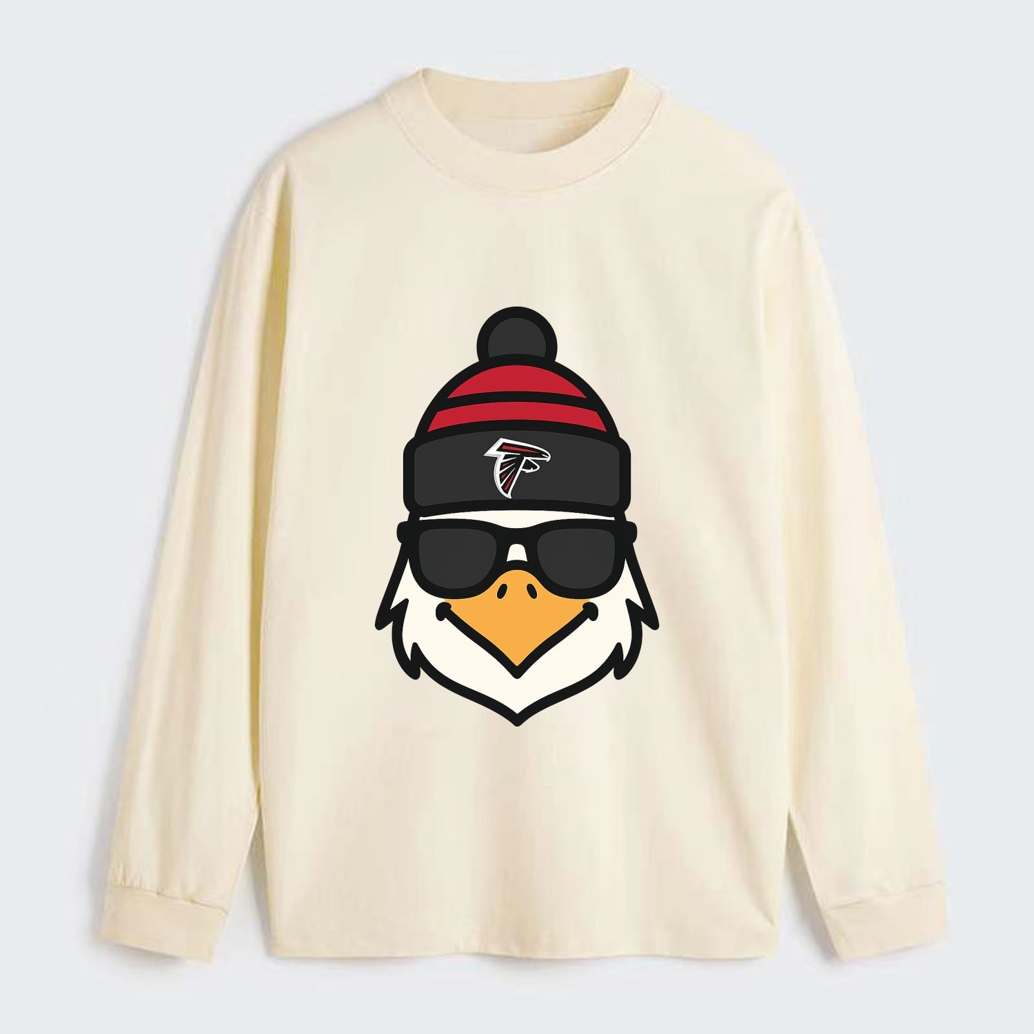 Atlanta Falcon wearing Falcons red and black beanie with pom pom and - Classic Long Sleeve Shirt - Beige