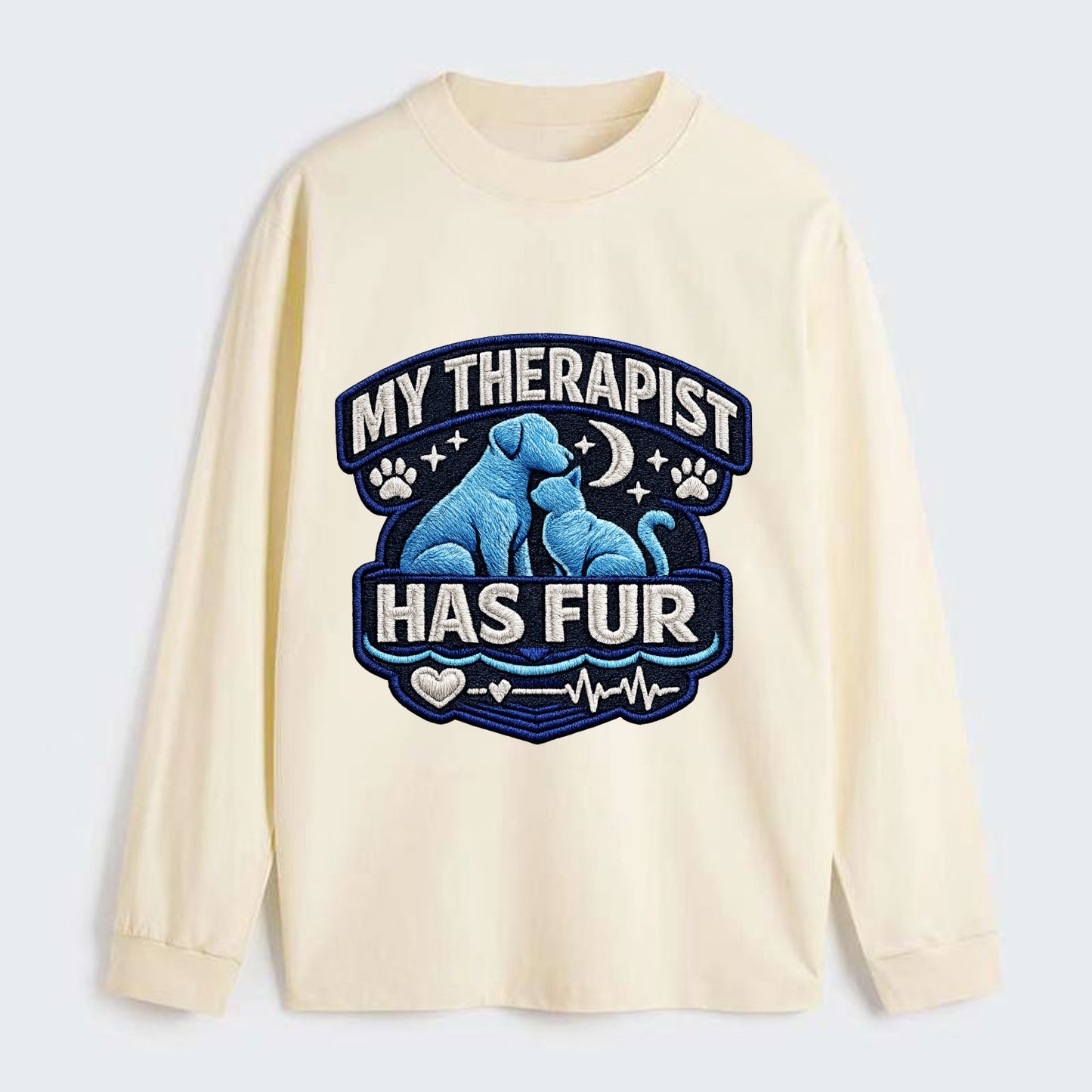 MY THERAPIST HAS FUR - pet silhouette in calming blue , emotional - Classic Long Sleeve Shirt - Beige