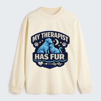 MY THERAPIST HAS FUR - pet silhouette in calming blue , emotional - Classic Long Sleeve Shirt - Beige