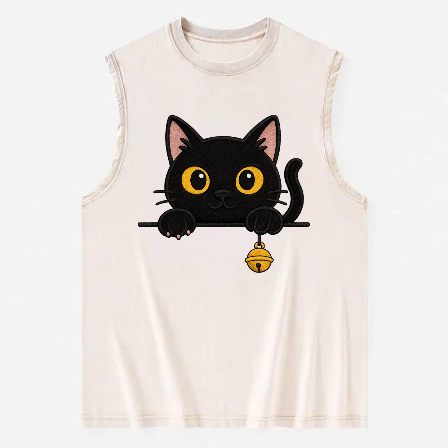 Midnight the black cat leaning sideways with chin resting on left paw. - Vintage Washed Tank - Beige