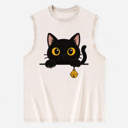 Midnight the black cat leaning sideways with chin resting on left paw. - Vintage Washed Tank - Beige