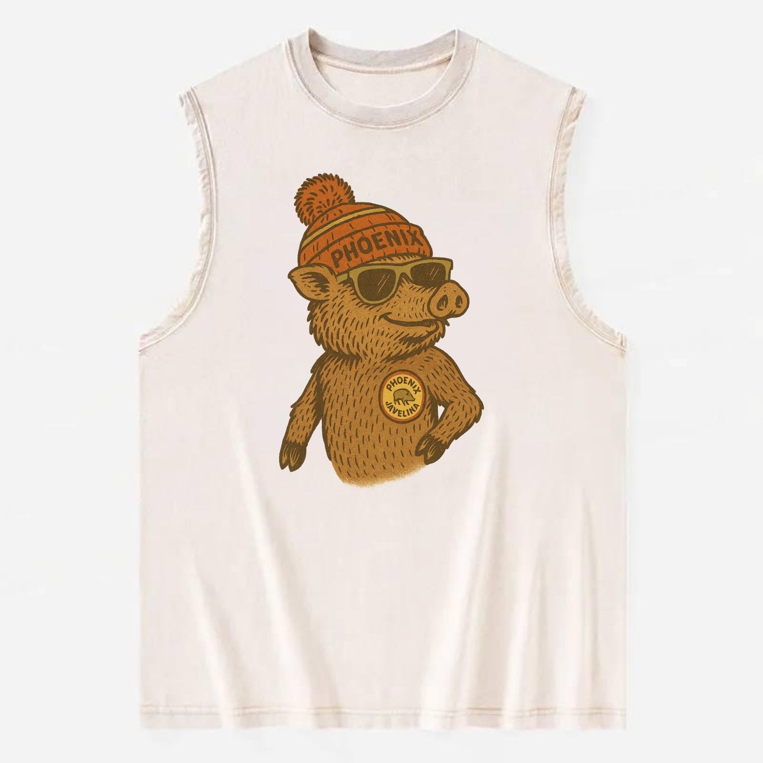 Phoenix Javelina wearing Phoenix beanie with pom pom and wayfarer sunglasses - Vintage Washed Tank - Beige