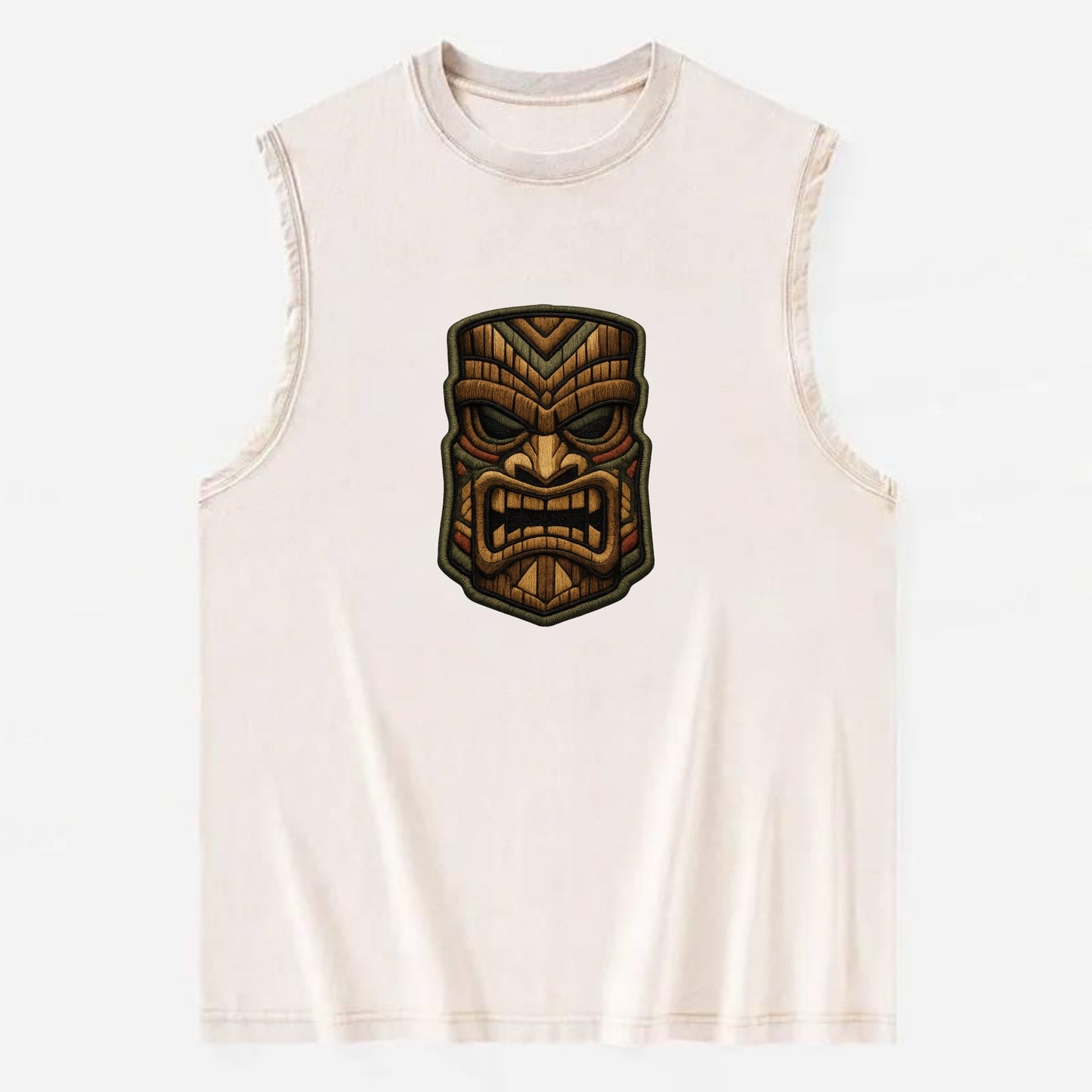 TIKI MASK - carved totem in brown and red , Polynesian - Vintage Washed Tank - Beige