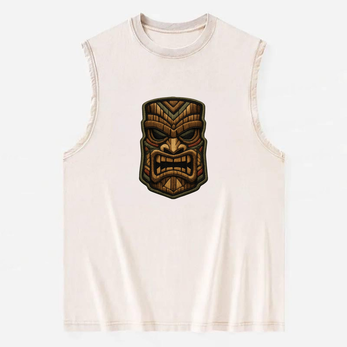 TIKI MASK - carved totem in brown and red , Polynesian - Vintage Washed Tank - Beige