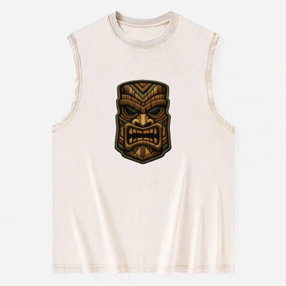 TIKI MASK - carved totem in brown and red , Polynesian - Vintage Washed Tank - Beige