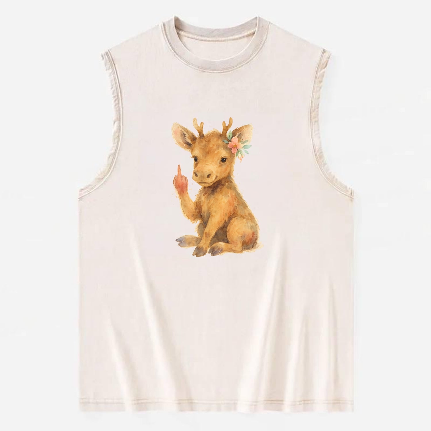 baby moose with adorable tiny antlers, one hoof raised in attitude - Vintage Washed Tank - Beige