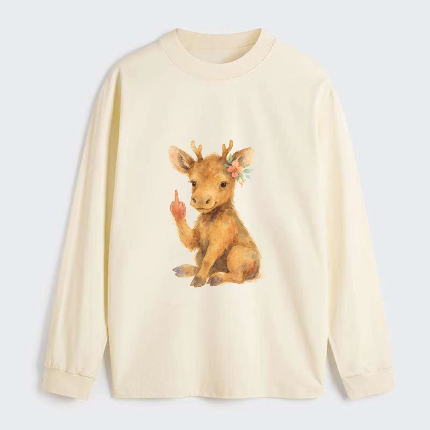 baby moose with adorable tiny antlers, one hoof raised in attitude - Classic Long Sleeve Shirt - Beige