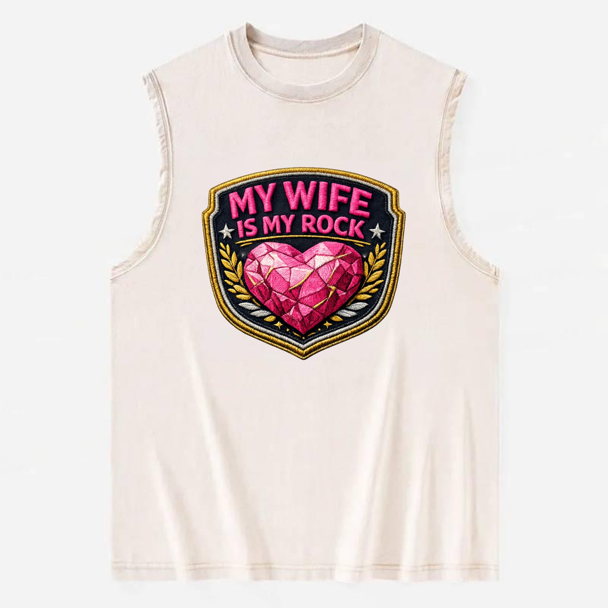 MY WIFE IS MY ROCK - pink rock heart - pink - solid wife - Vintage Washed Tank - Beige