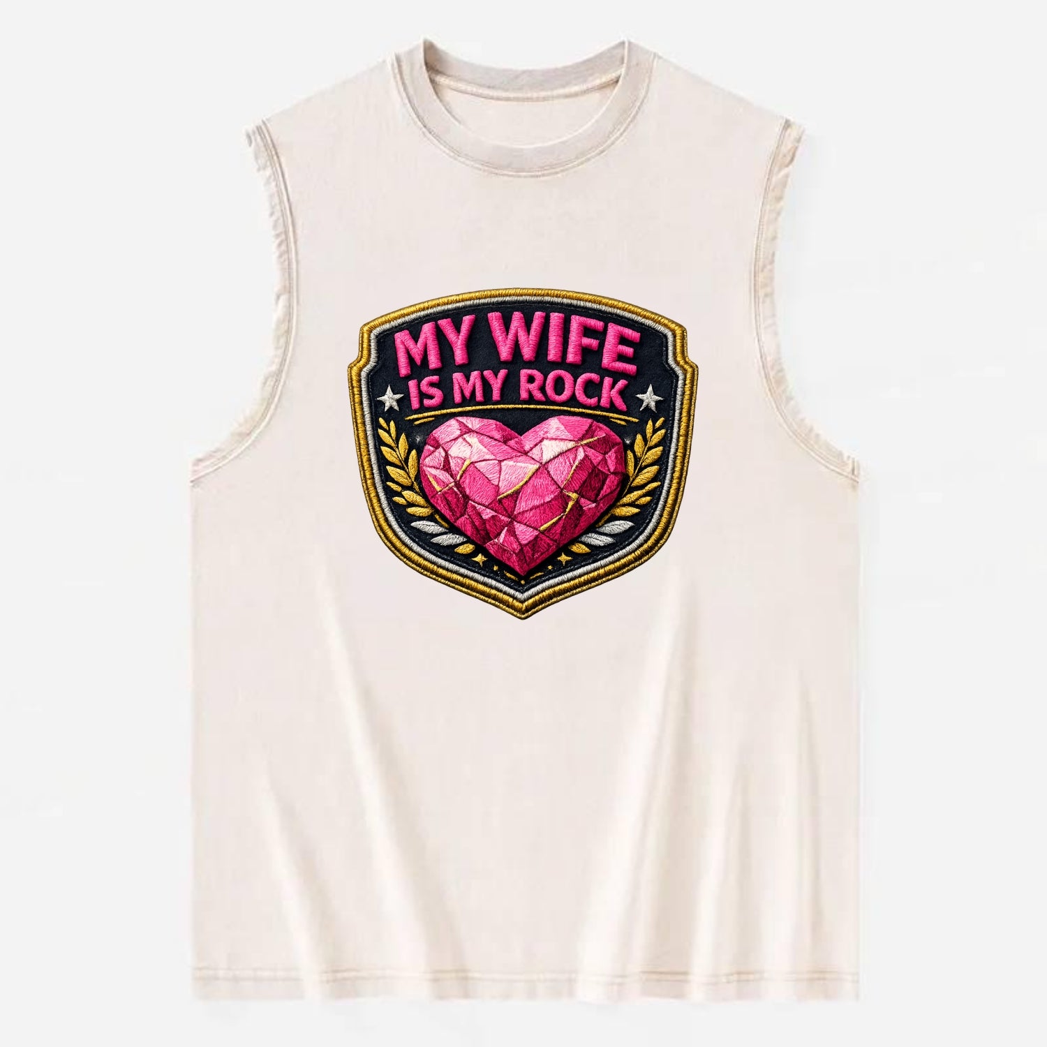 MY WIFE IS MY ROCK - pink rock heart - pink - solid wife - Vintage Washed Tank - Beige