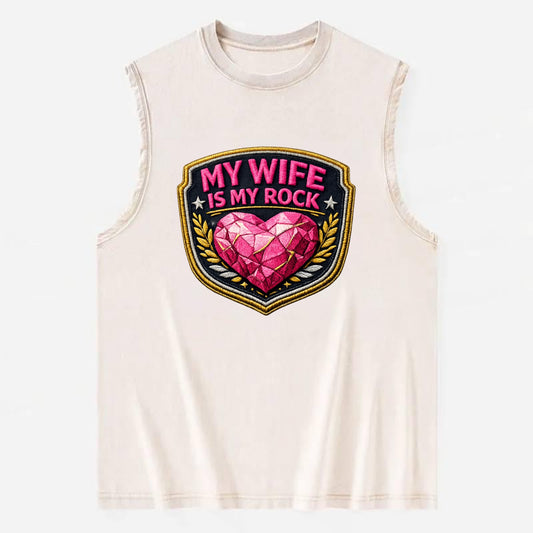MY WIFE IS MY ROCK - pink rock heart - pink - solid wife - Vintage Washed Tank - Beige