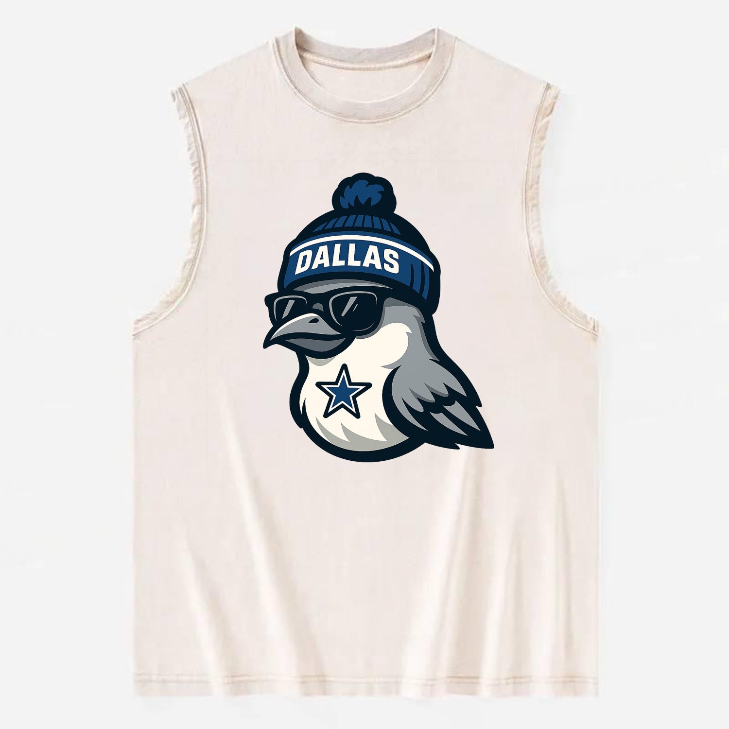Dallas Mockingbird wearing Cowboys beanie with sheriff star and wayfarer - Vintage Washed Tank - Beige