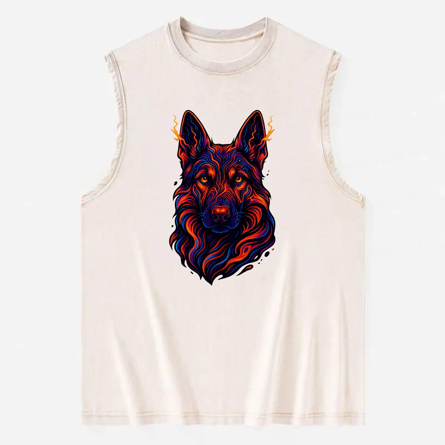 Alert German Shepherd with cyber circuit patterns in the fur, neon orange and - Vintage Washed Tank - Beige