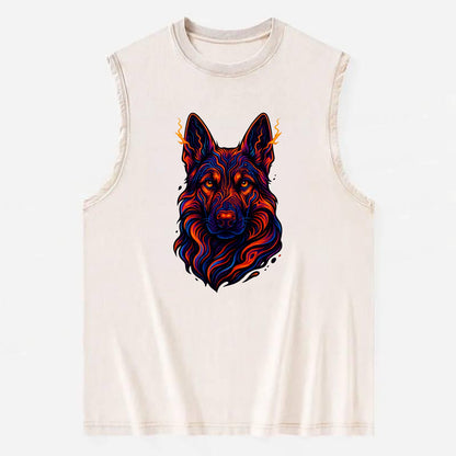 Alert German Shepherd with cyber circuit patterns in the fur, neon orange and - Vintage Washed Tank - Beige