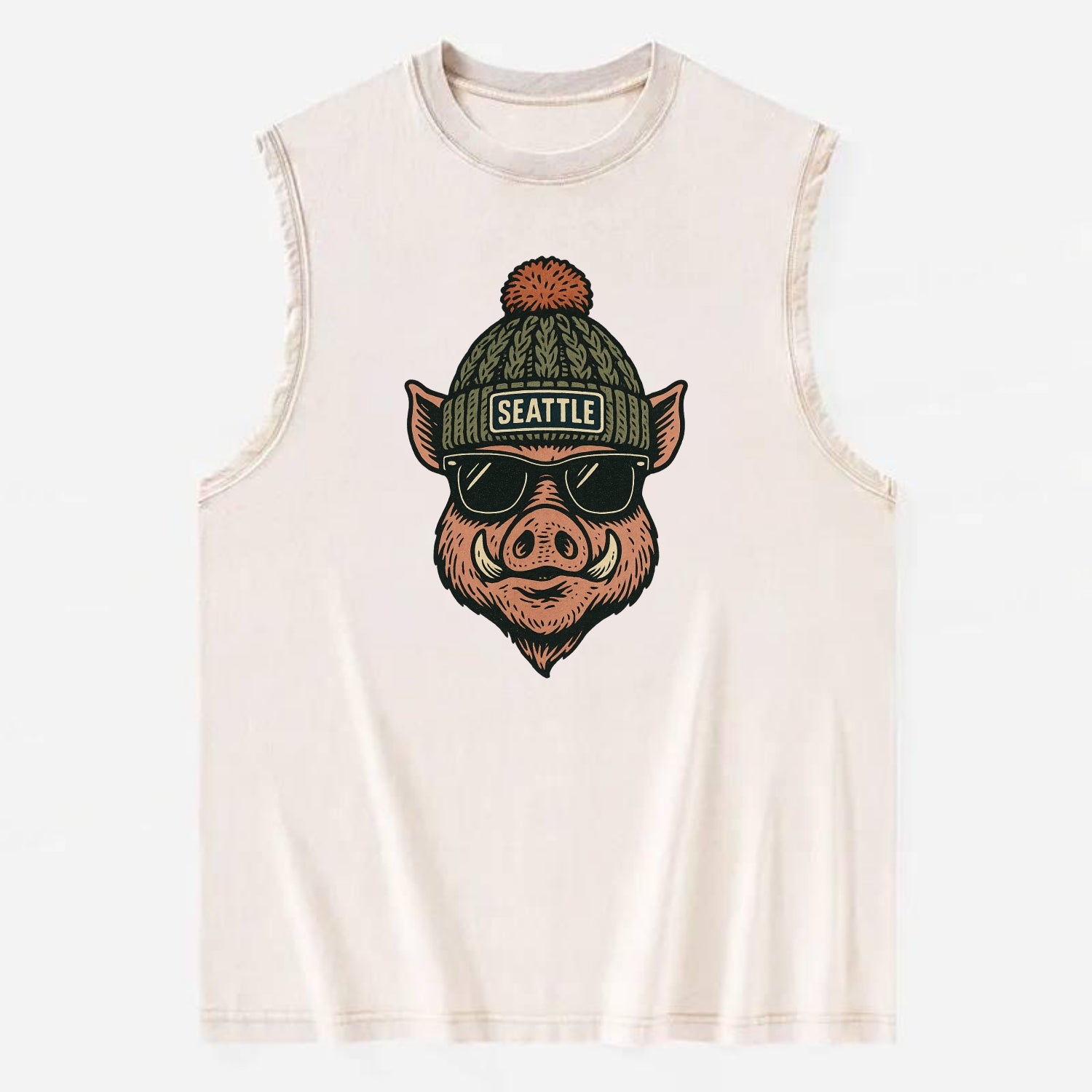 Washington Hog wearing Seattle beanie with pom pom and wayfarer sunglasses - Vintage Washed Tank - Beige
