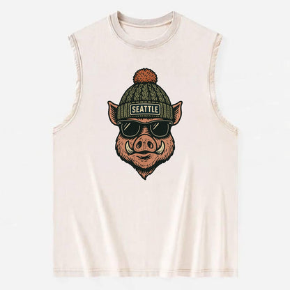 Washington Hog wearing Seattle beanie with pom pom and wayfarer sunglasses - Vintage Washed Tank - Beige