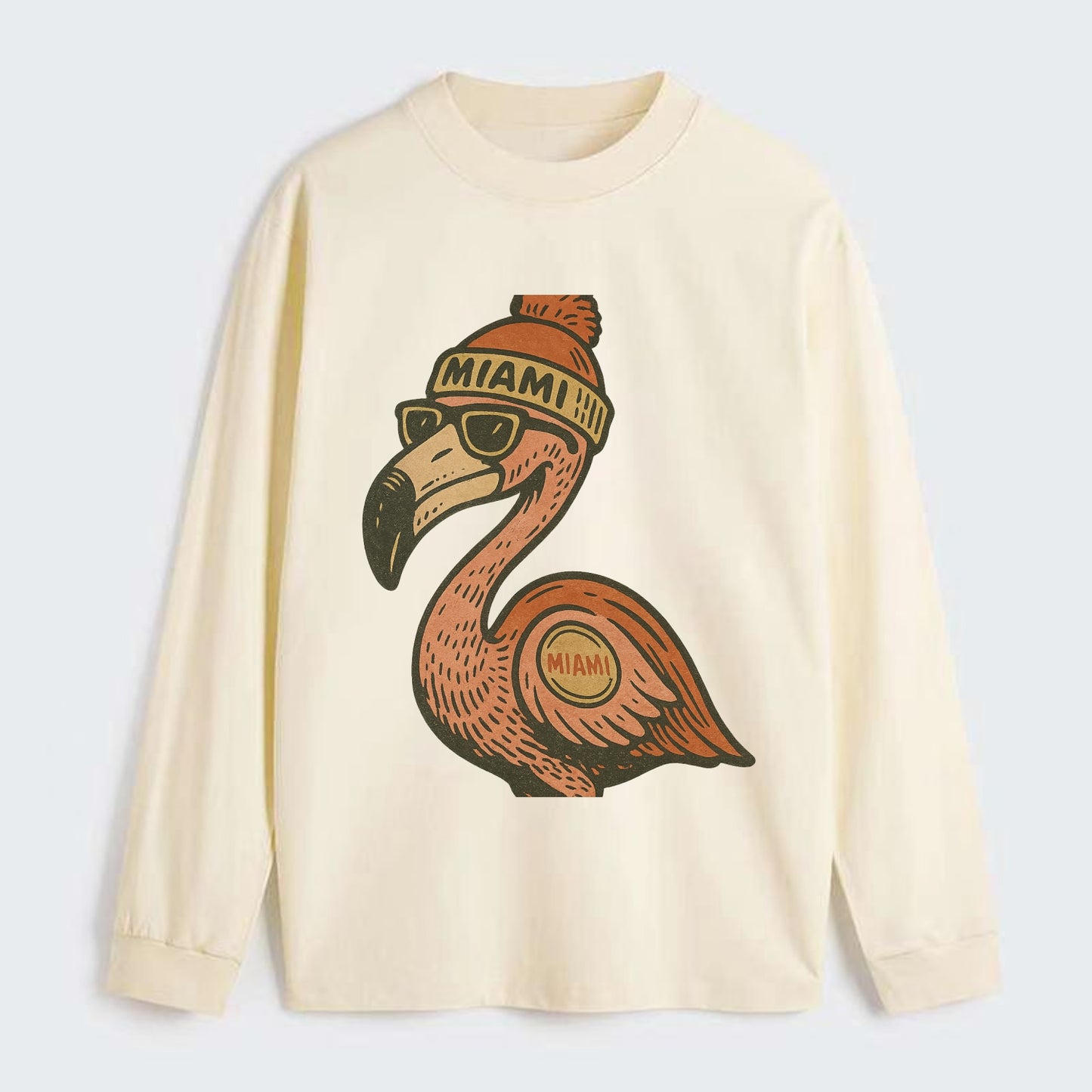 Miami Flamingo wearing Miami beanie with pom pom and wayfarer sunglasses - Classic Long Sleeve Shirt - Beige
