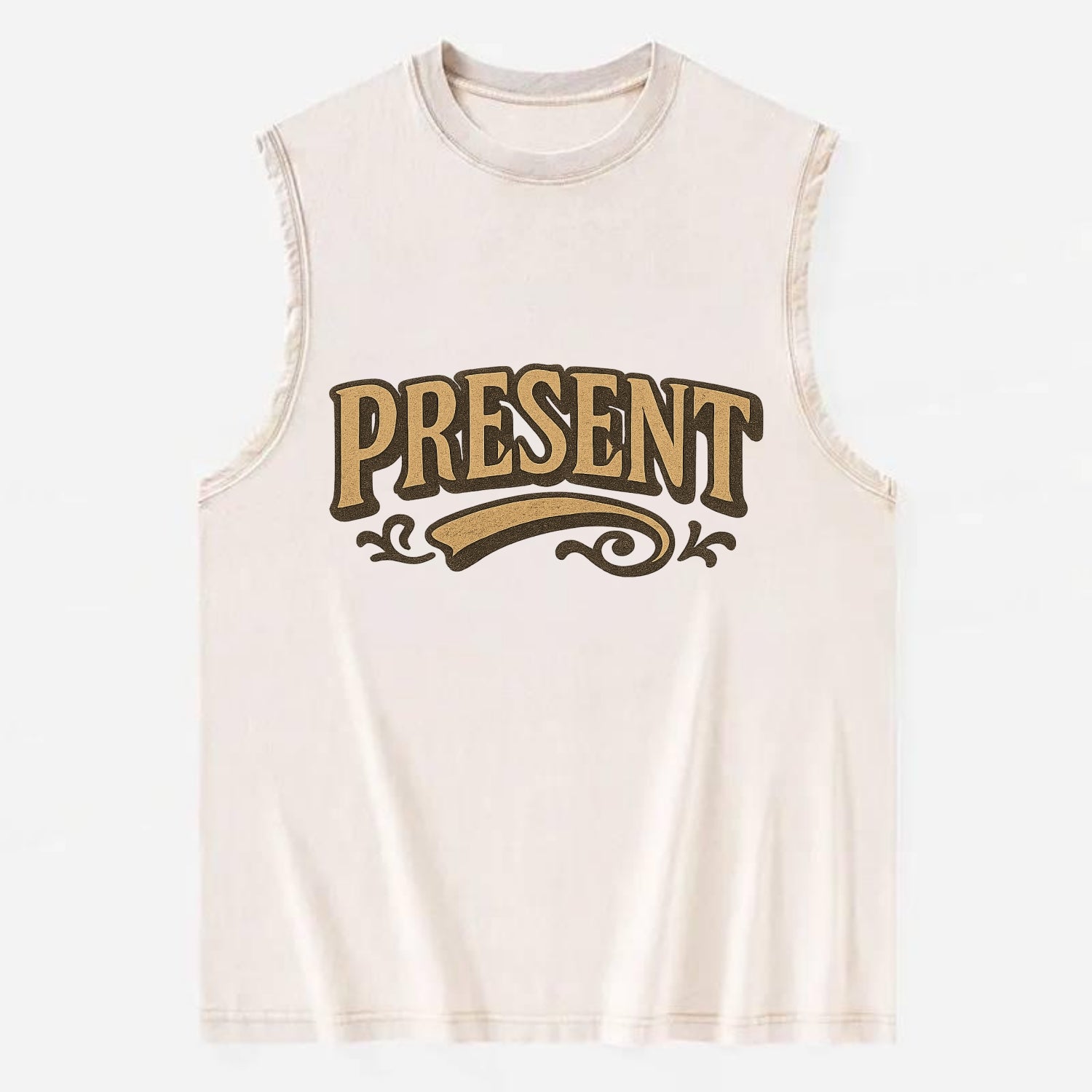 Bold typography design - "PRESENT" - living in the now - Vintage Washed Tank - Beige