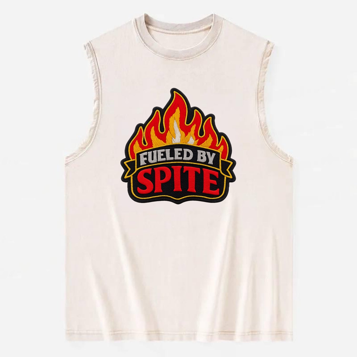 FUELED BY SPITE - fire with text in black and red , petty motivation - Vintage Washed Tank - Beige