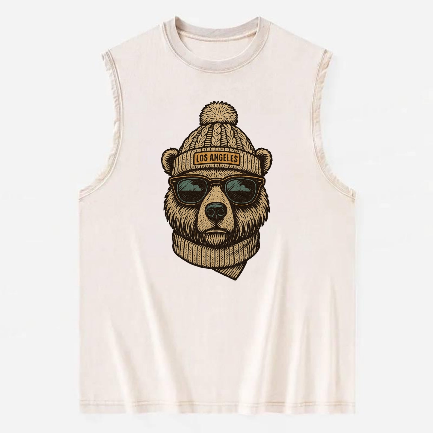 California Grizzly Bear wearing Los Angeles beanie with pom pom and wayfarer - Vintage Washed Tank - Beige