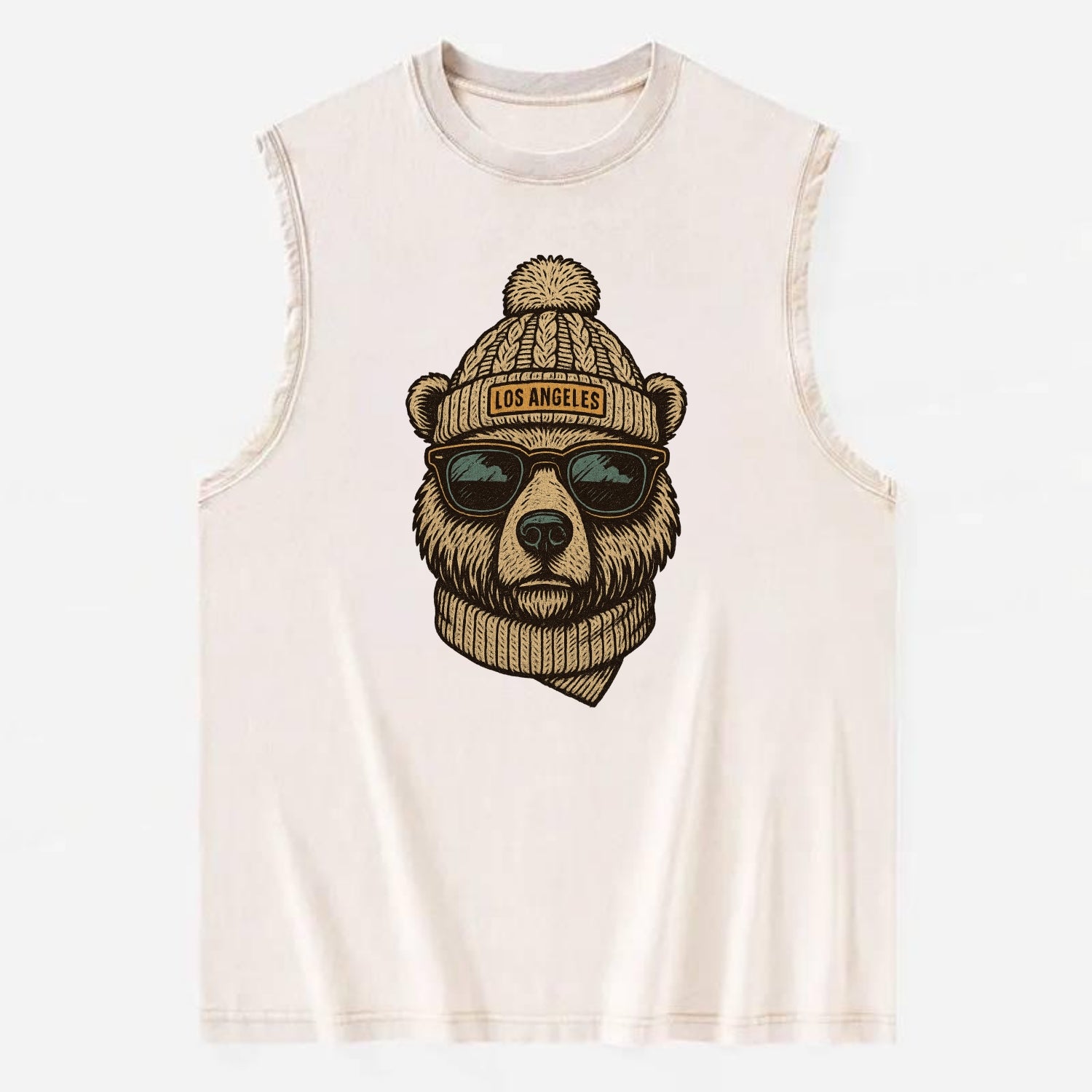 California Grizzly Bear wearing Los Angeles beanie with pom pom and wayfarer - Vintage Washed Tank - Beige