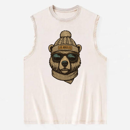 California Grizzly Bear wearing Los Angeles beanie with pom pom and wayfarer - Vintage Washed Tank - Beige