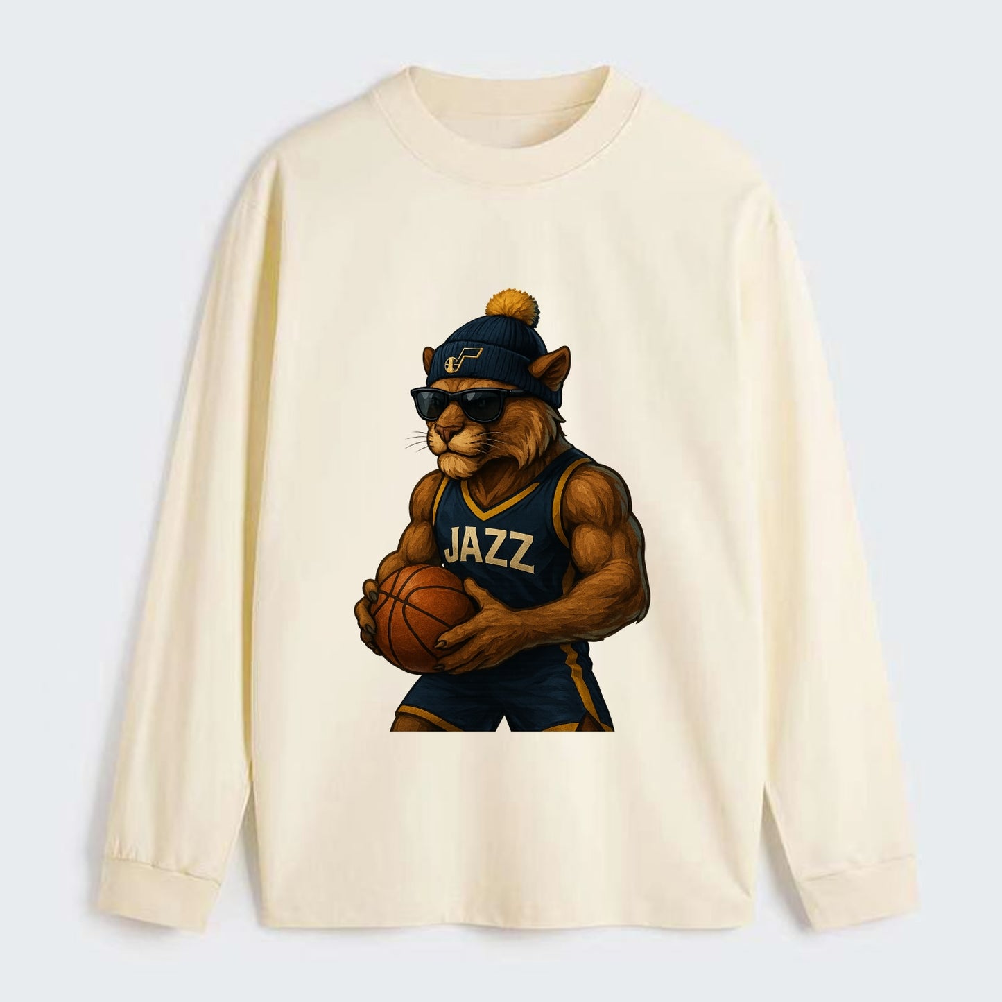 Utah Mountain Lion wearing Jazz navy and yellow beanie with music note - Classic Long Sleeve Shirt - Beige