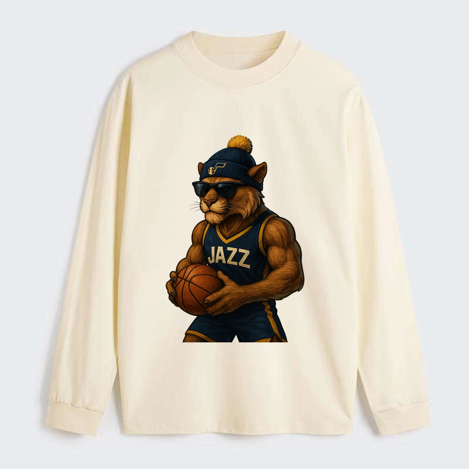 Utah Mountain Lion wearing Jazz navy and yellow beanie with music note - Classic Long Sleeve Shirt - Beige