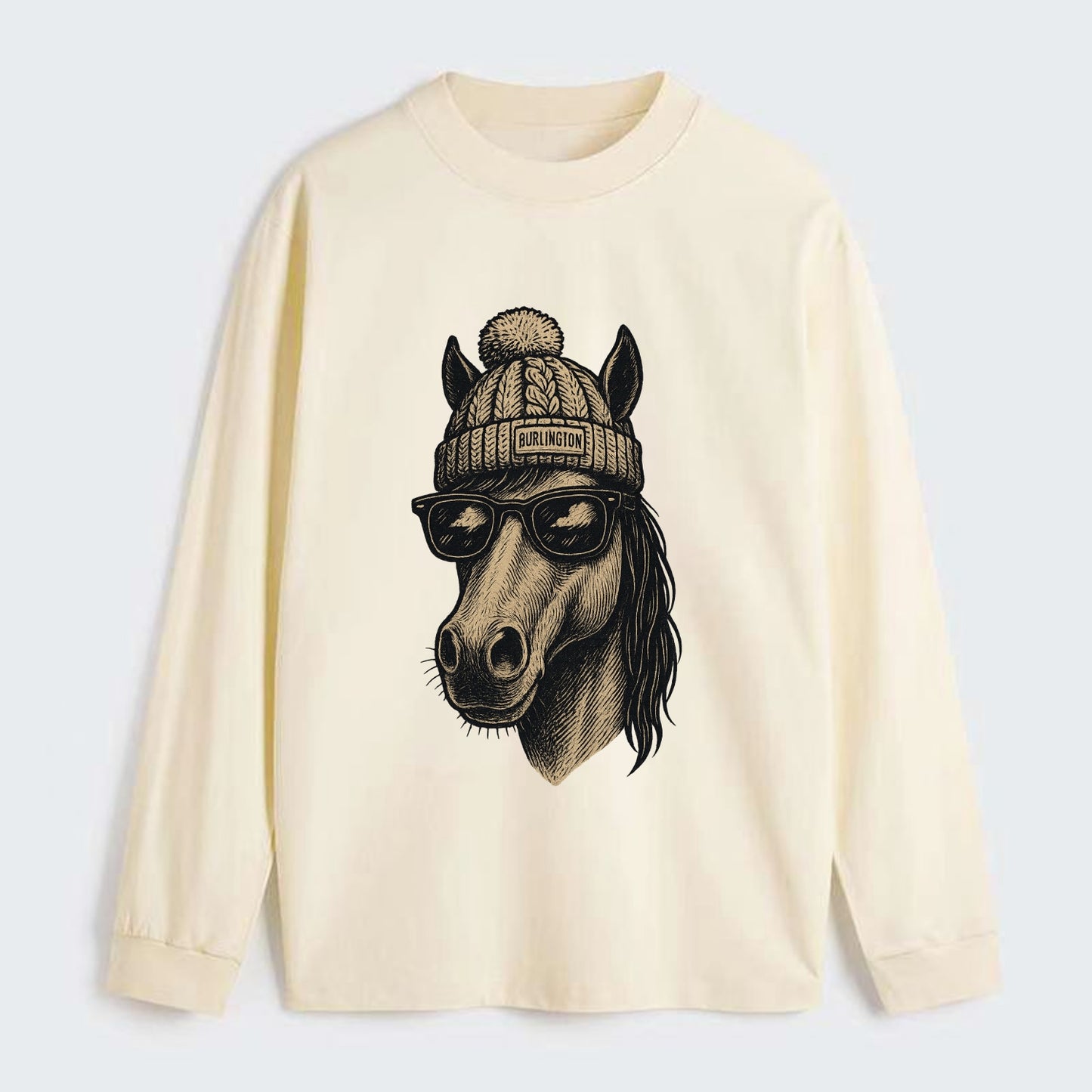 Vermont Morgan Horse wearing Burlington beanie with pom pom and - Classic Long Sleeve Shirt - Beige