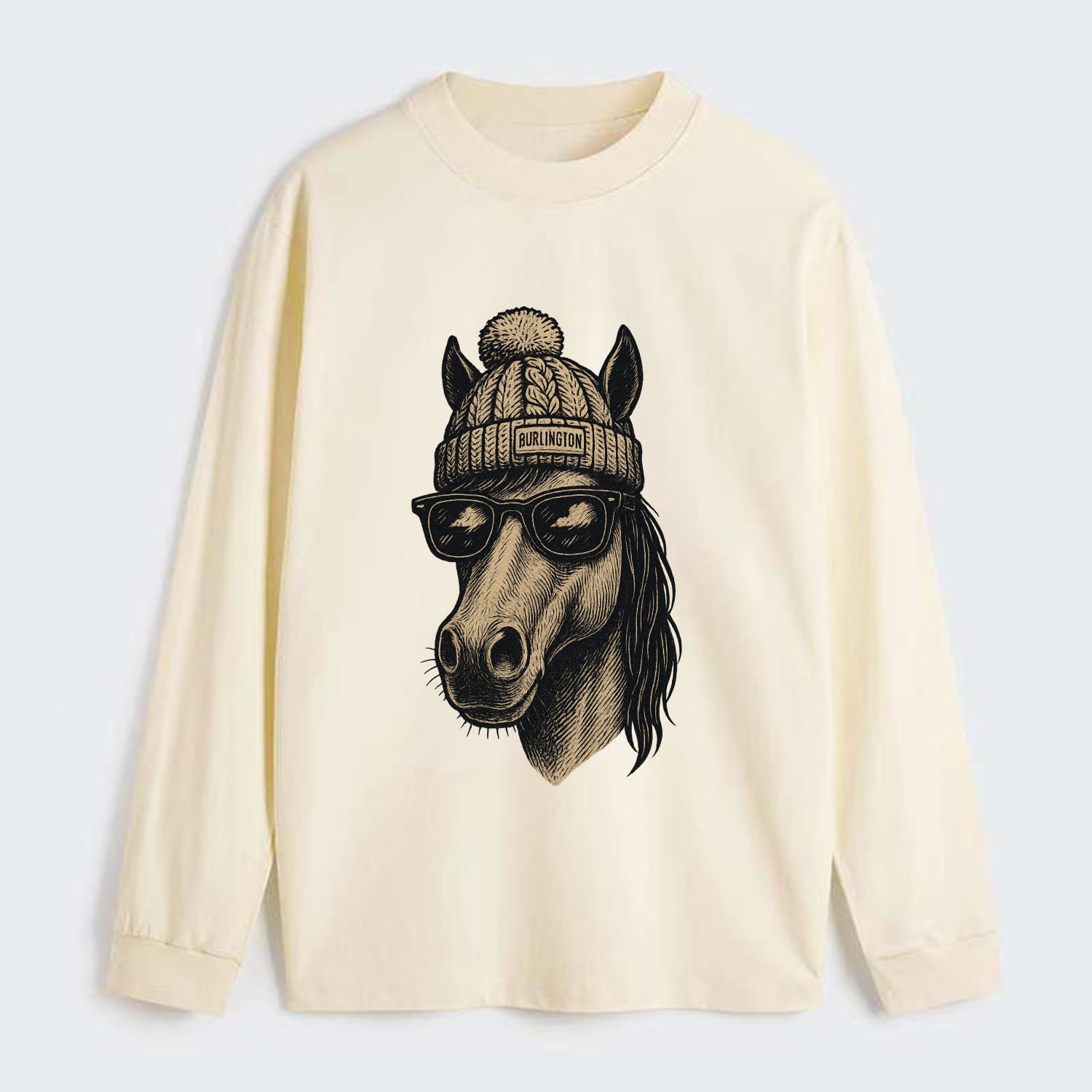 Vermont Morgan Horse wearing Burlington beanie with pom pom and - Classic Long Sleeve Shirt - Beige