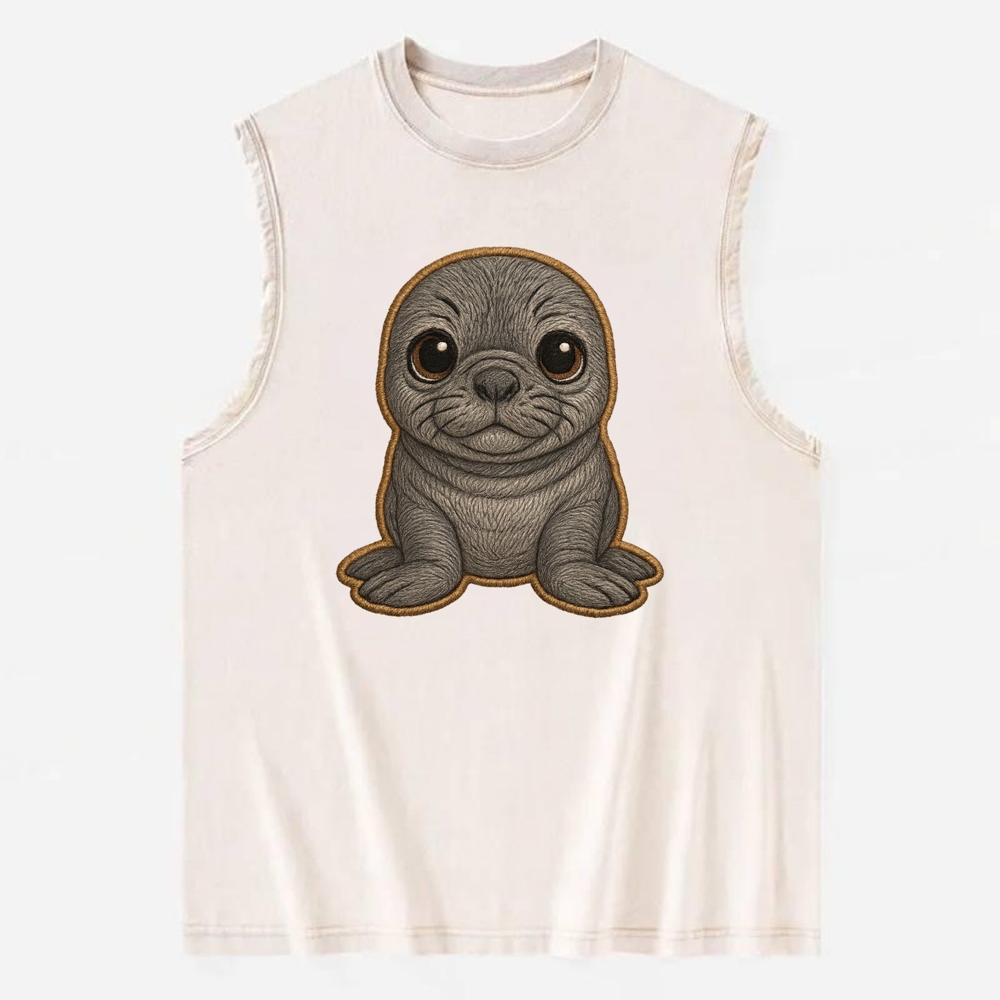 Baby Elephant Seal - gray wrinkly, tiny trunk nose, big dark eyes, - Vintage Washed Tank - Beige