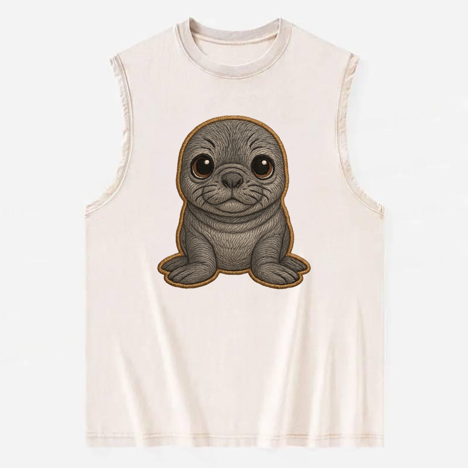 Baby Elephant Seal - gray wrinkly, tiny trunk nose, big dark eyes, - Vintage Washed Tank - Beige