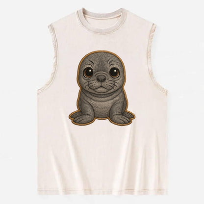 Baby Elephant Seal - gray wrinkly, tiny trunk nose, big dark eyes, - Vintage Washed Tank - Beige