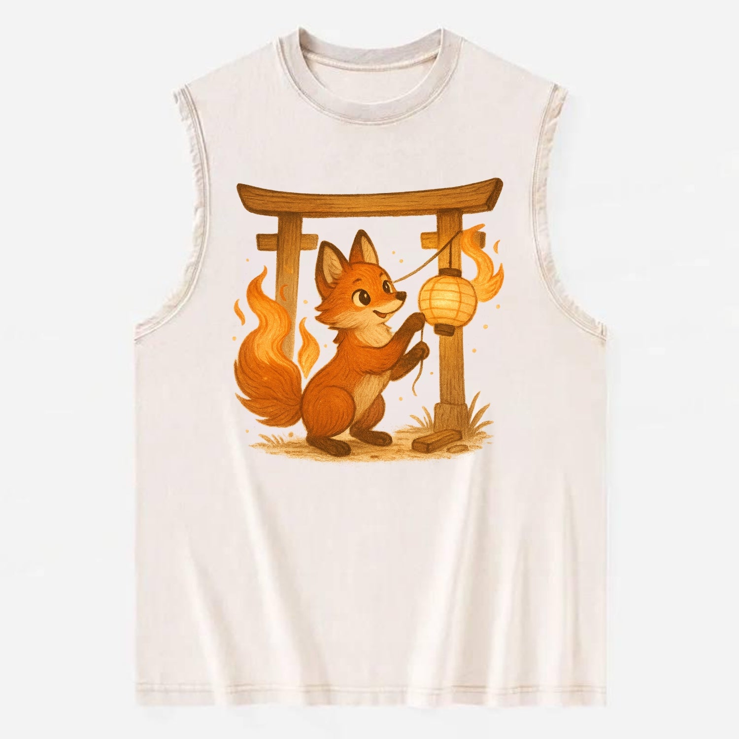 Foxfire kitsune stringing lanterns along a torii gate with tails of living - Vintage Washed Tank - Beige