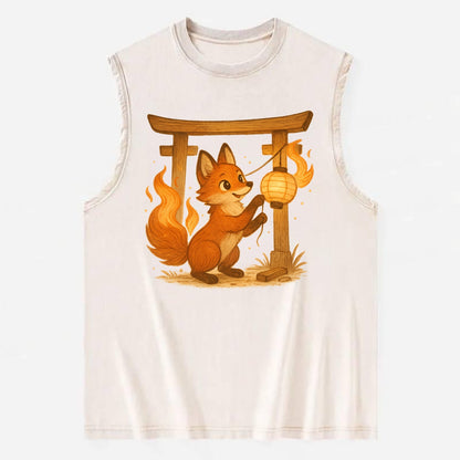Foxfire kitsune stringing lanterns along a torii gate with tails of living - Vintage Washed Tank - Beige