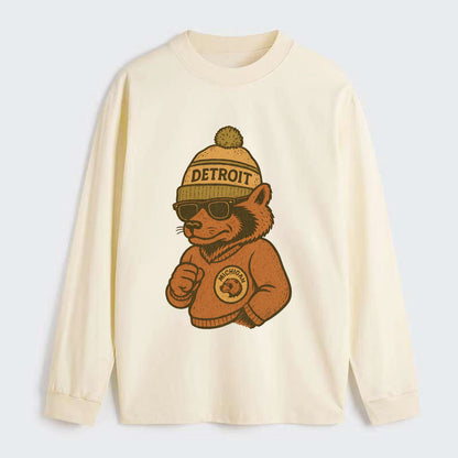 Michigan Wolverine wearing Detroit beanie with pom pom and wayfarer - Classic Long Sleeve Shirt - Beige