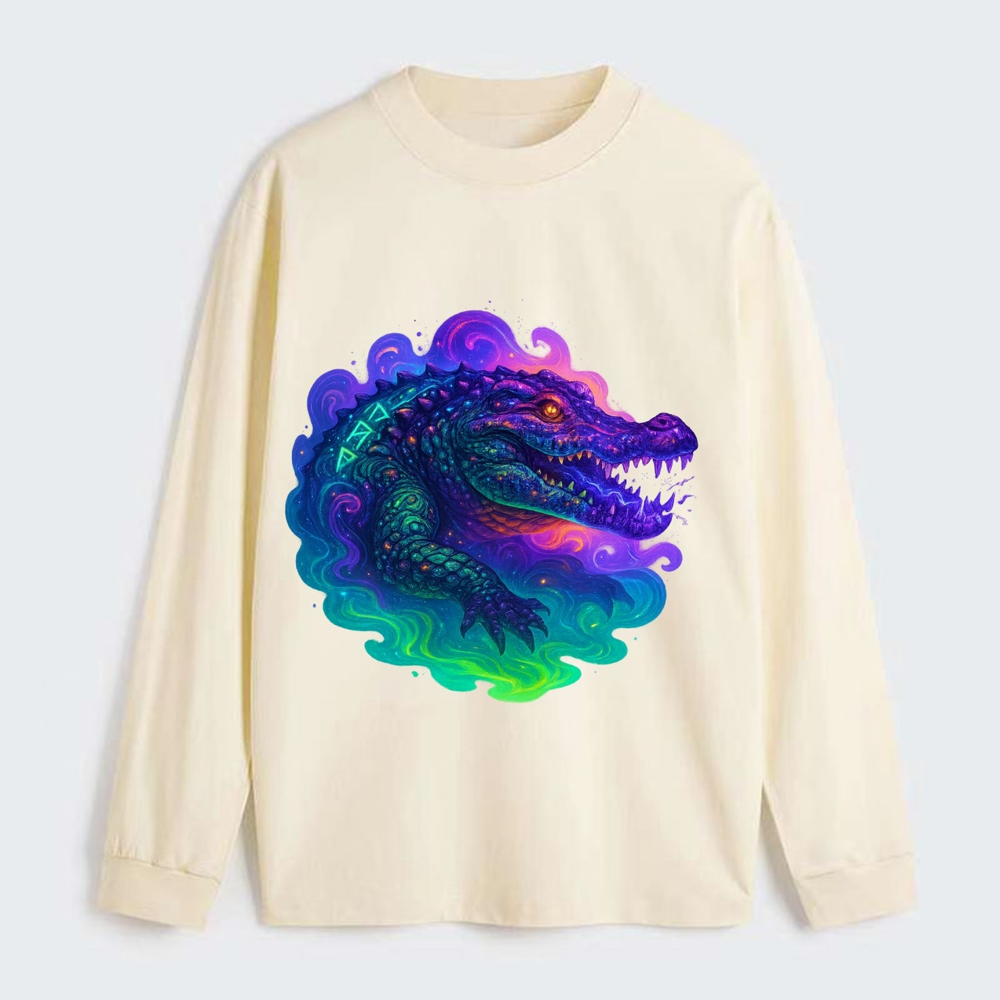 Primordial crocodile with scales pulsing plasma energy in green and - Classic Long Sleeve Shirt - Beige