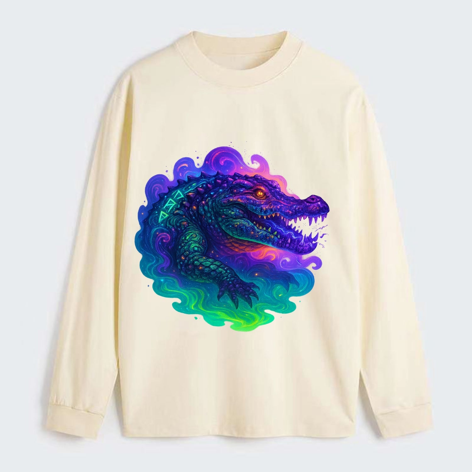 Primordial crocodile with scales pulsing plasma energy in green and - Classic Long Sleeve Shirt - Beige