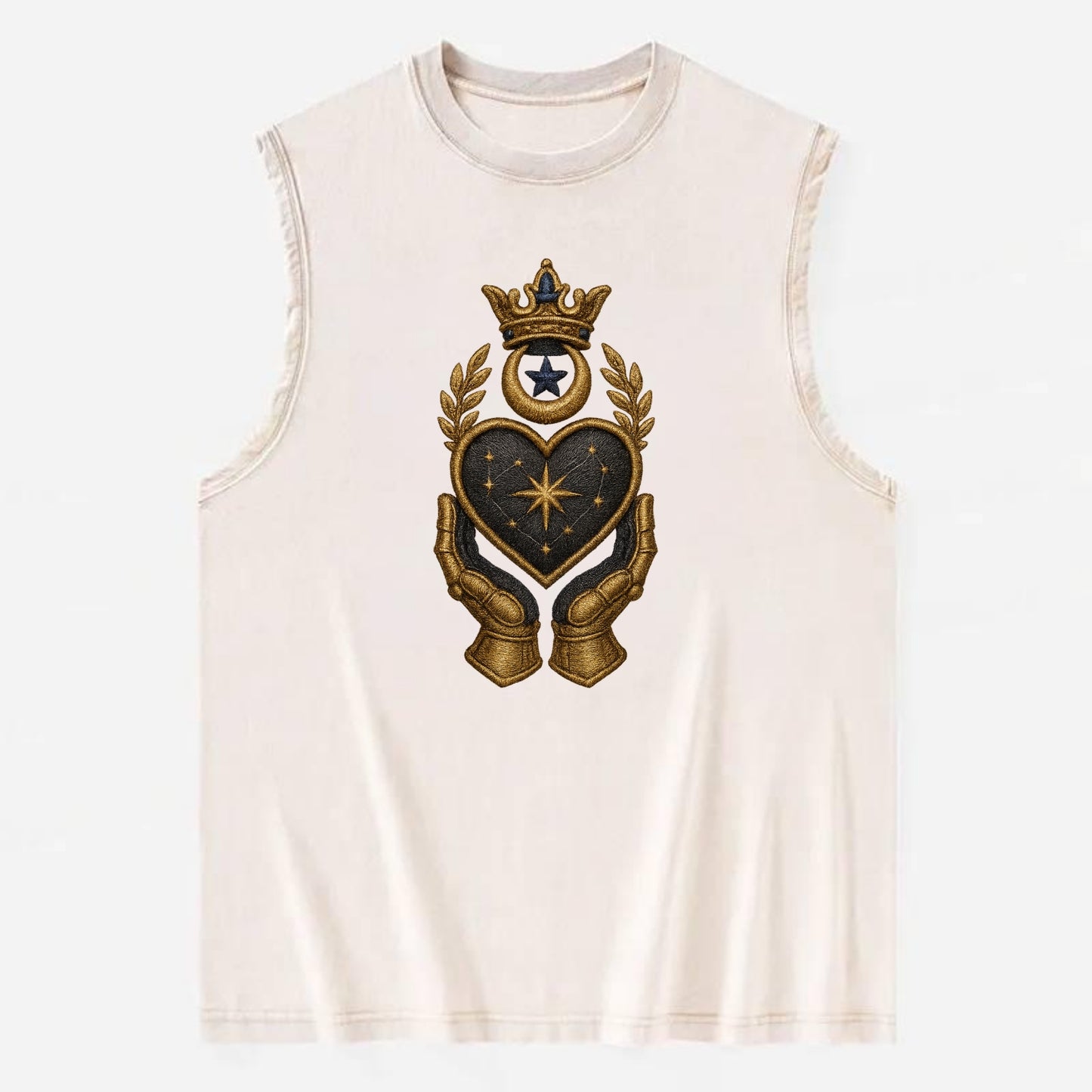 Crowned heart with Art Deco sunburst crown and geometric filigree hands - Vintage Washed Tank - Beige
