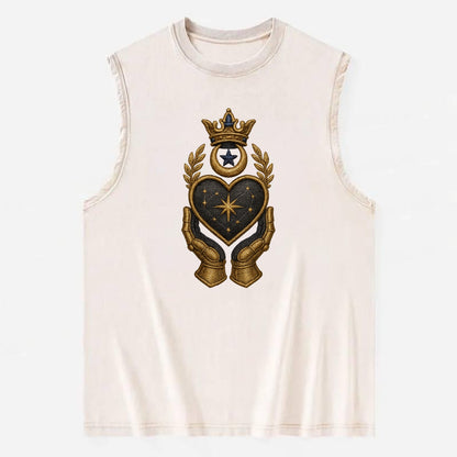 Crowned heart with Art Deco sunburst crown and geometric filigree hands - Vintage Washed Tank - Beige