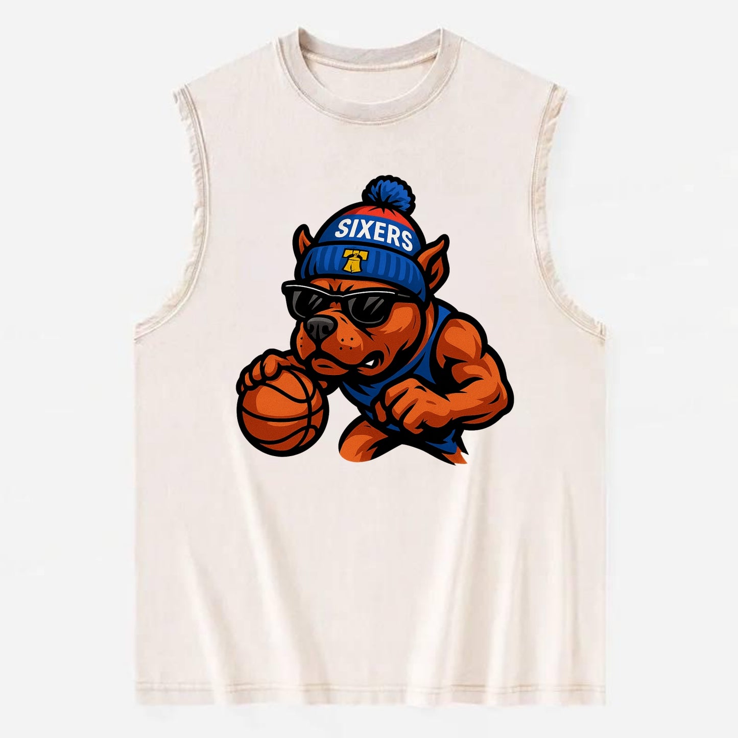 Philly Pitbull wearing Sixers beanie with Liberty Bell and wayfarer sunglasses - Vintage Washed Tank - Beige