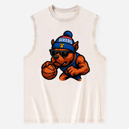 Philly Pitbull wearing Sixers beanie with Liberty Bell and wayfarer sunglasses - Vintage Washed Tank - Beige