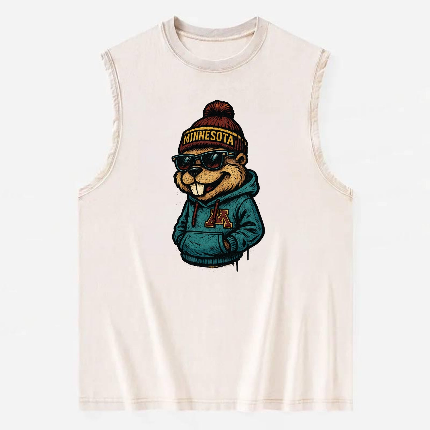 Minneapolis Gopher wearing Minnesota beanie with M patch - Vintage Washed Tank - Beige