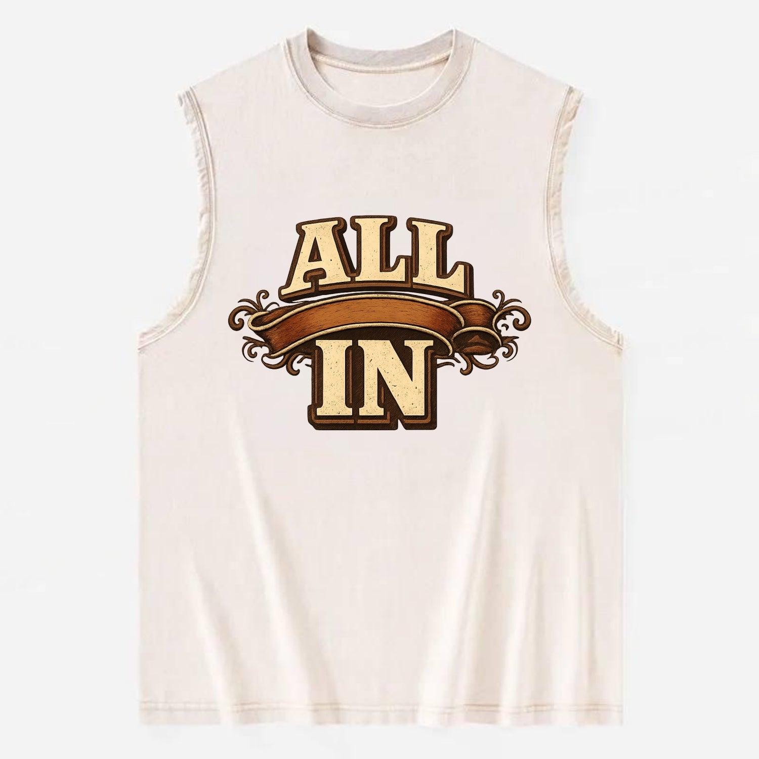 Bold typography design - "ALL IN" - complete commitment, no holding back - Vintage Washed Tank - Beige
