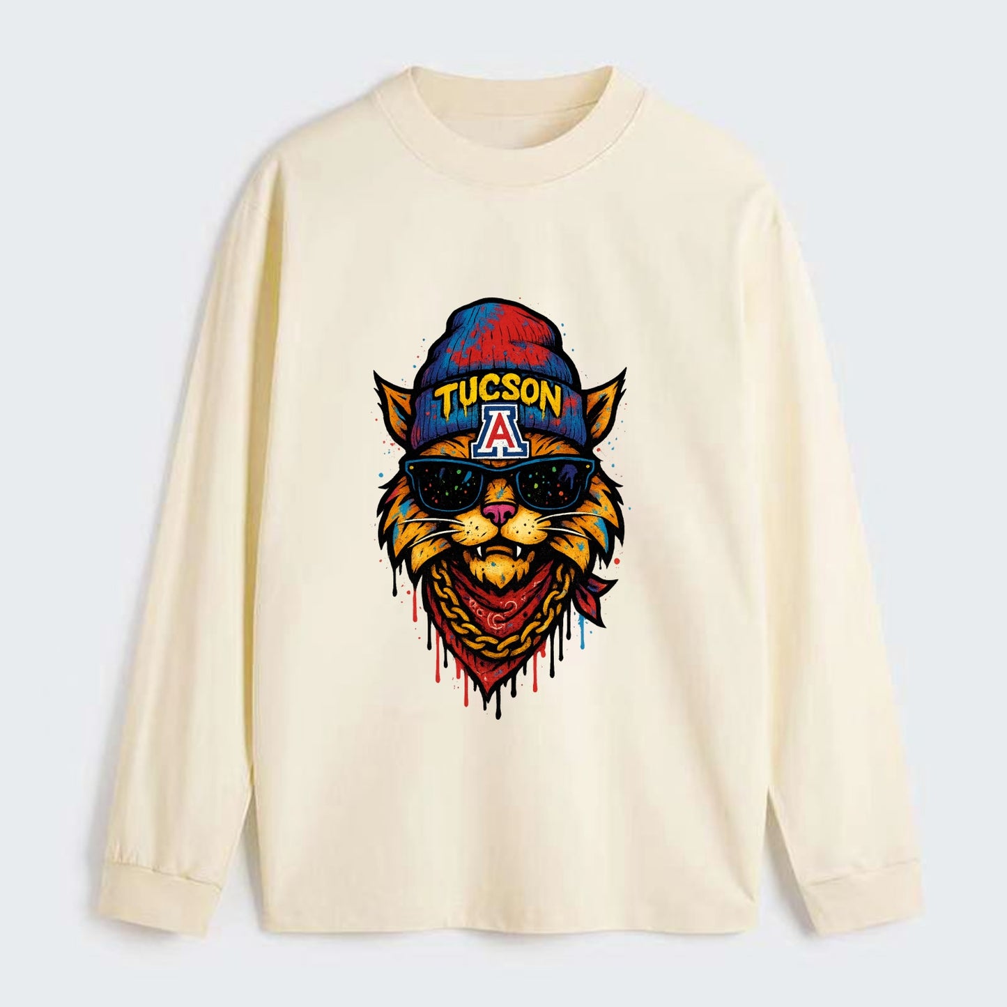 Tucson Wildcat wearing Arizona beanie with A patch - Classic Long Sleeve Shirt - Beige