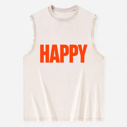 Bold typography design - "HAPPY" - joyful, content, pleased - Vintage Washed Tank - Beige