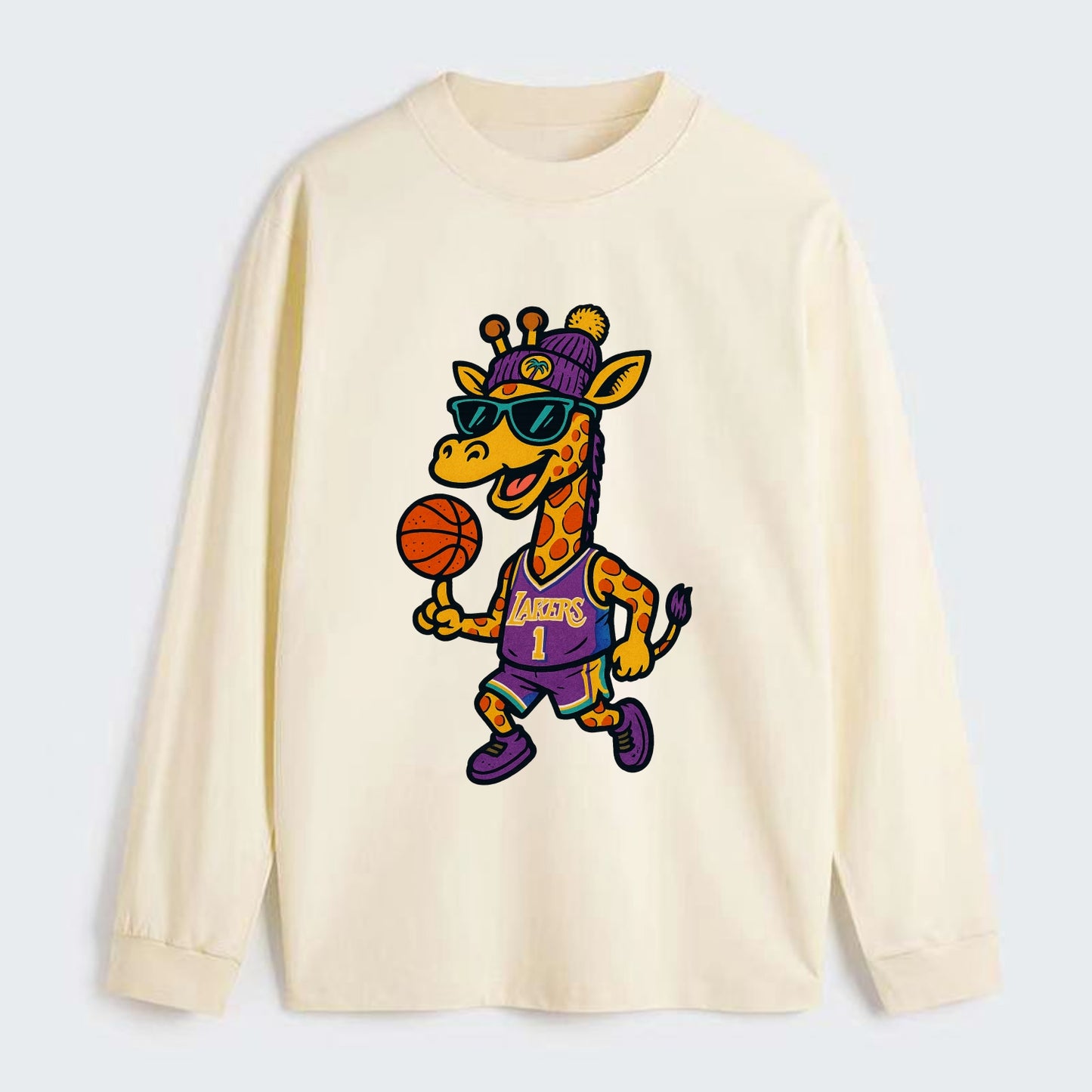 California Giraffe wearing Lakers beanie with palm tree patch and - Classic Long Sleeve Shirt - Beige
