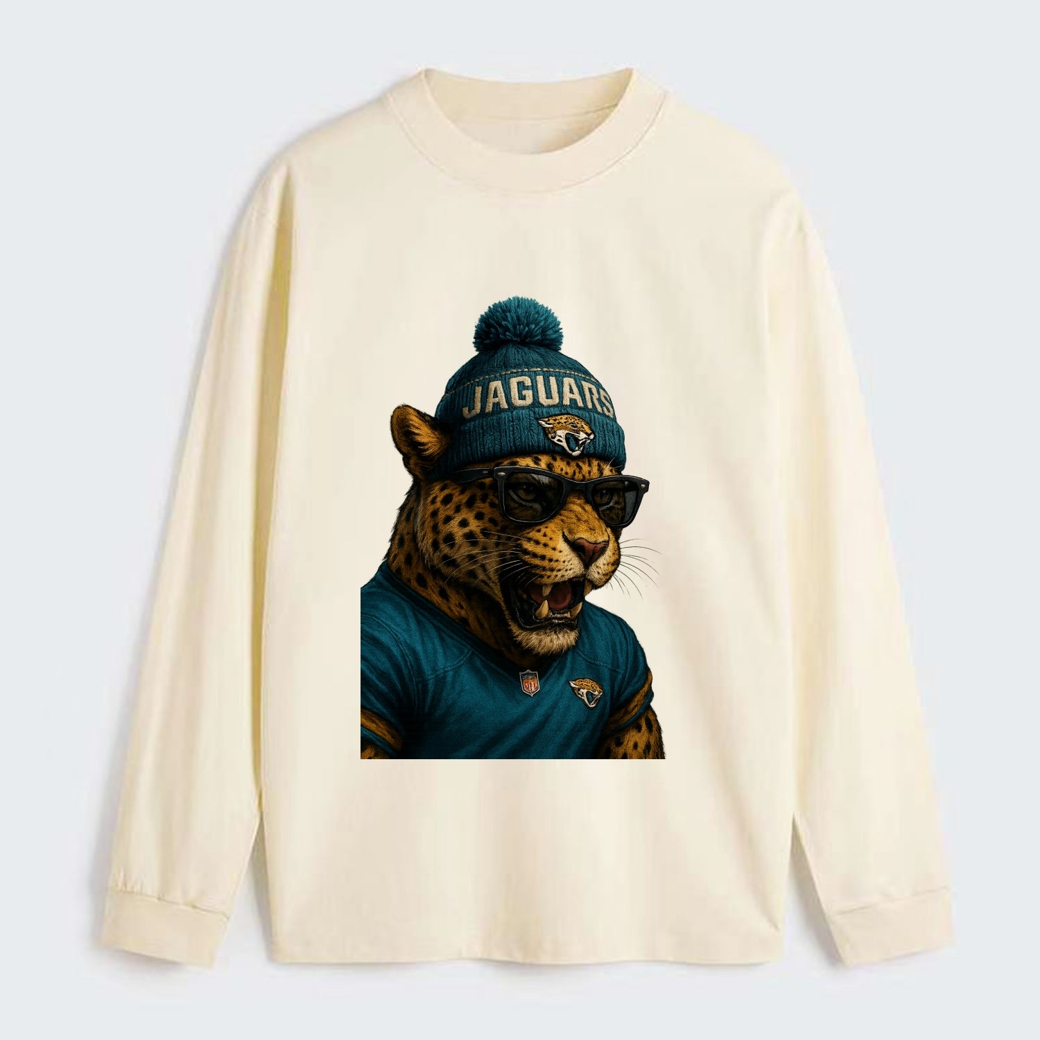 Jacksonville Jaguar wearing Jaguars teal and gold beanie with pom pom - Classic Long Sleeve Shirt - Beige